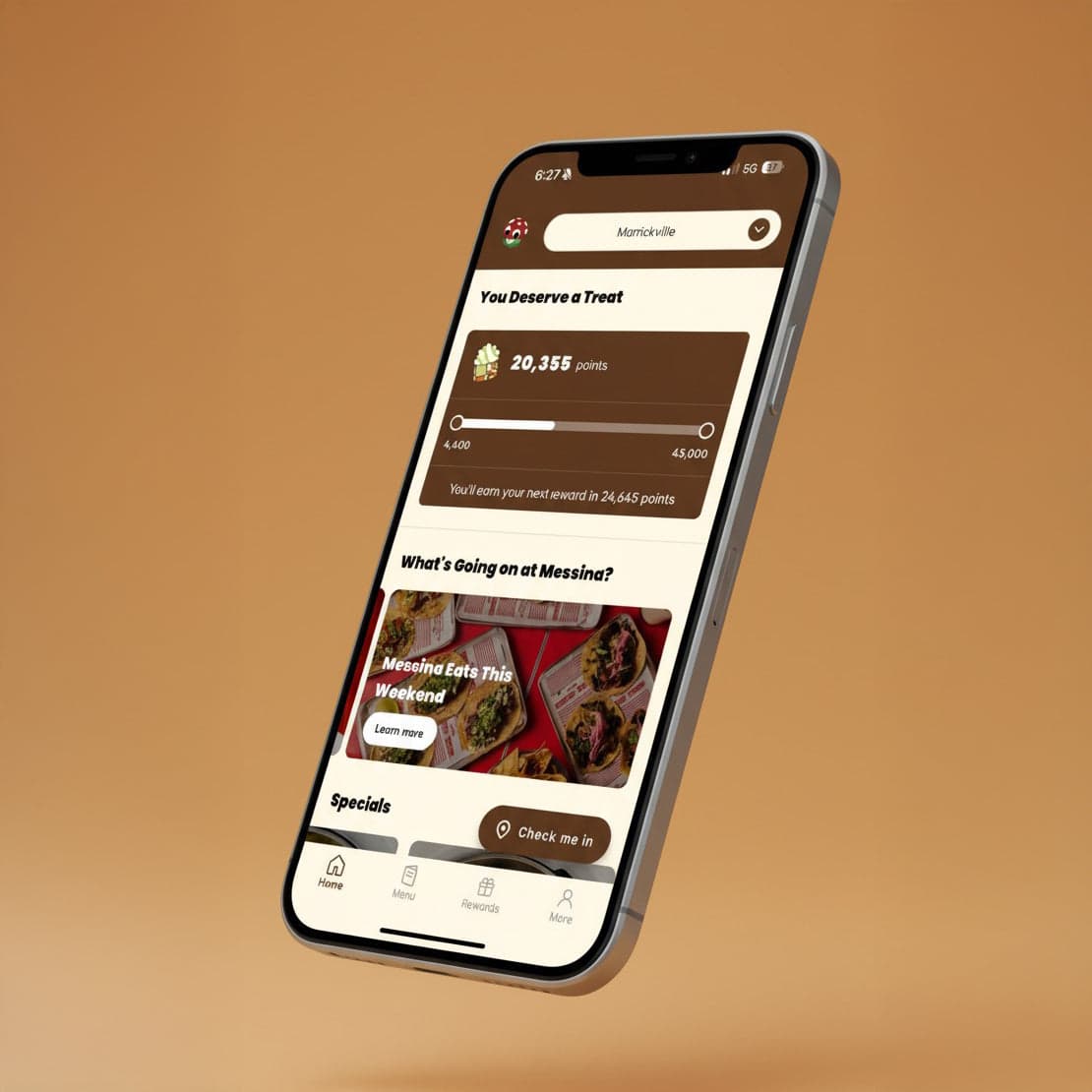 The Messina app open on the rewards screen, showing a points balance